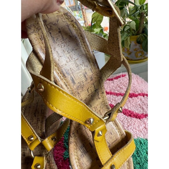 Strappy Wedge Sandals Women 8.5 Yellow Vegan Studded Peep Toe Cork Beach Resort - Picture 2 of 7